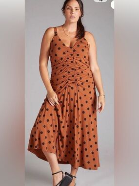 NWOT Anthropologie size 1X polka Dot Ruched Midi Dress in Rust